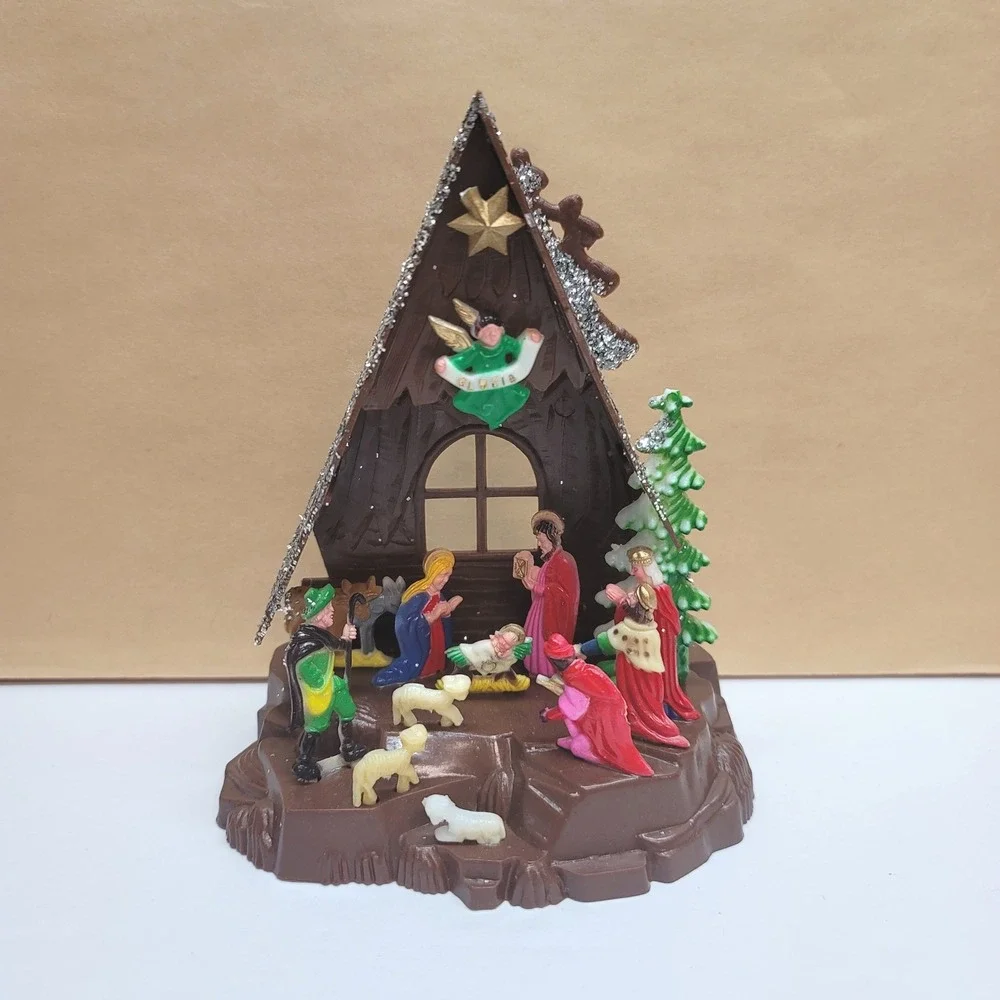 Vtg Plastic Diorama Nativity Scene A-Frame Stable Glitter Christmas Decor China